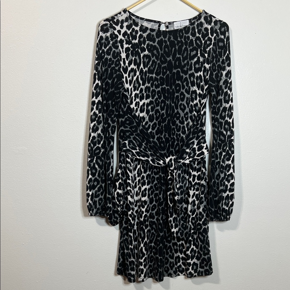 Leopard Print Long-Sleeve Tie-Front Dress - Black & White